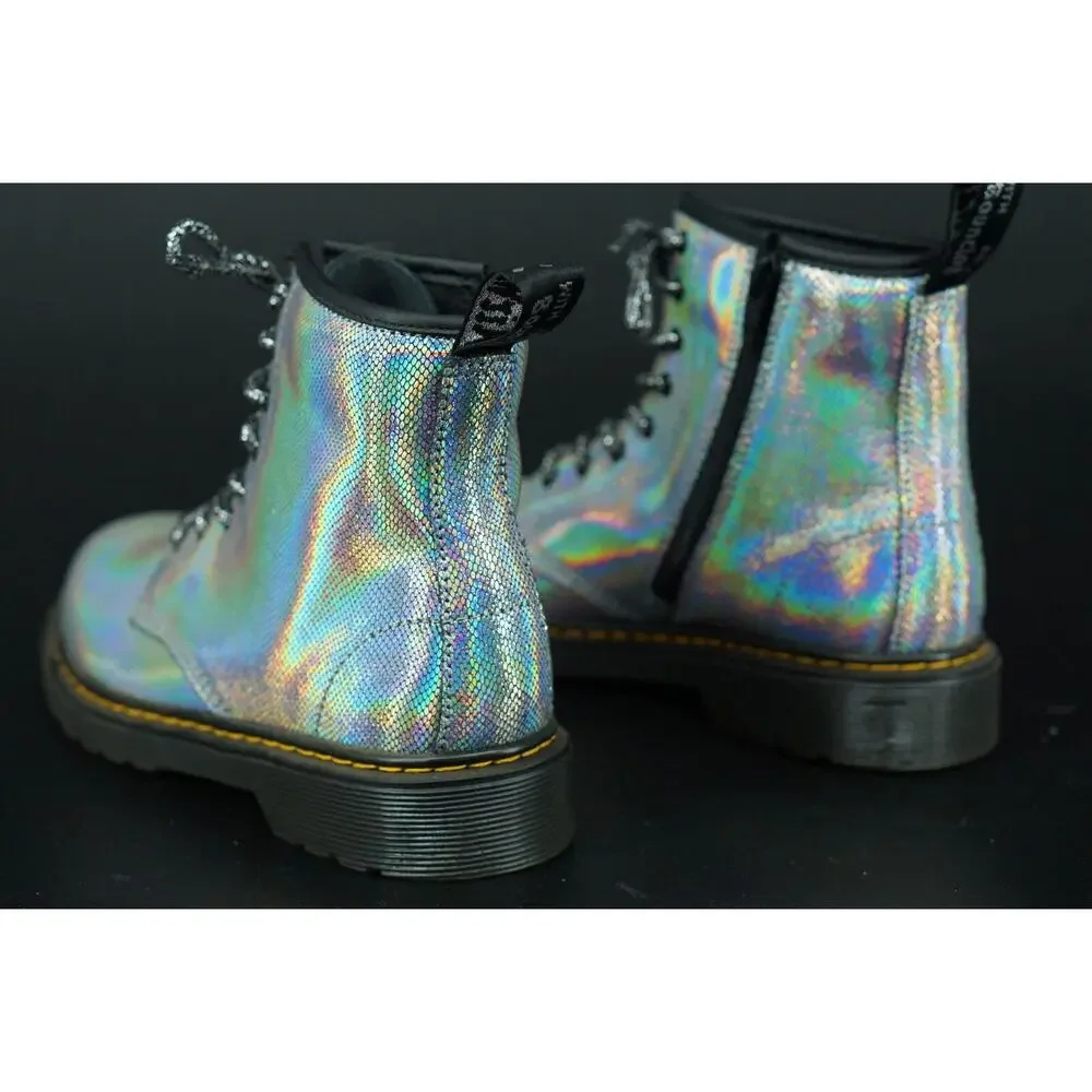 Doc Martens 1460 J Combat Ankle Boots size 5 US laces Silver Reptile Holo Biker